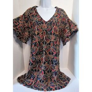 Karlie Paisley‎ Embroidered Dress V Neck Ruffle Sleeve Black Red Blue SZ S BOHO